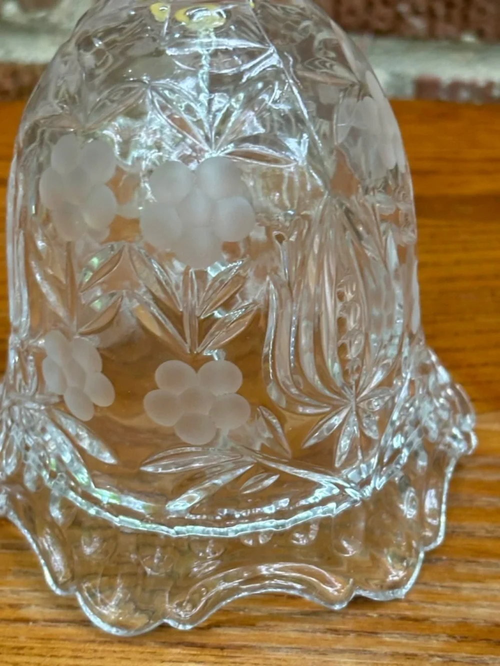 Vtg Bohemian Clear Cut Crystal Dinner Bell Etched Flowers Scalloped Edge 8.5”
